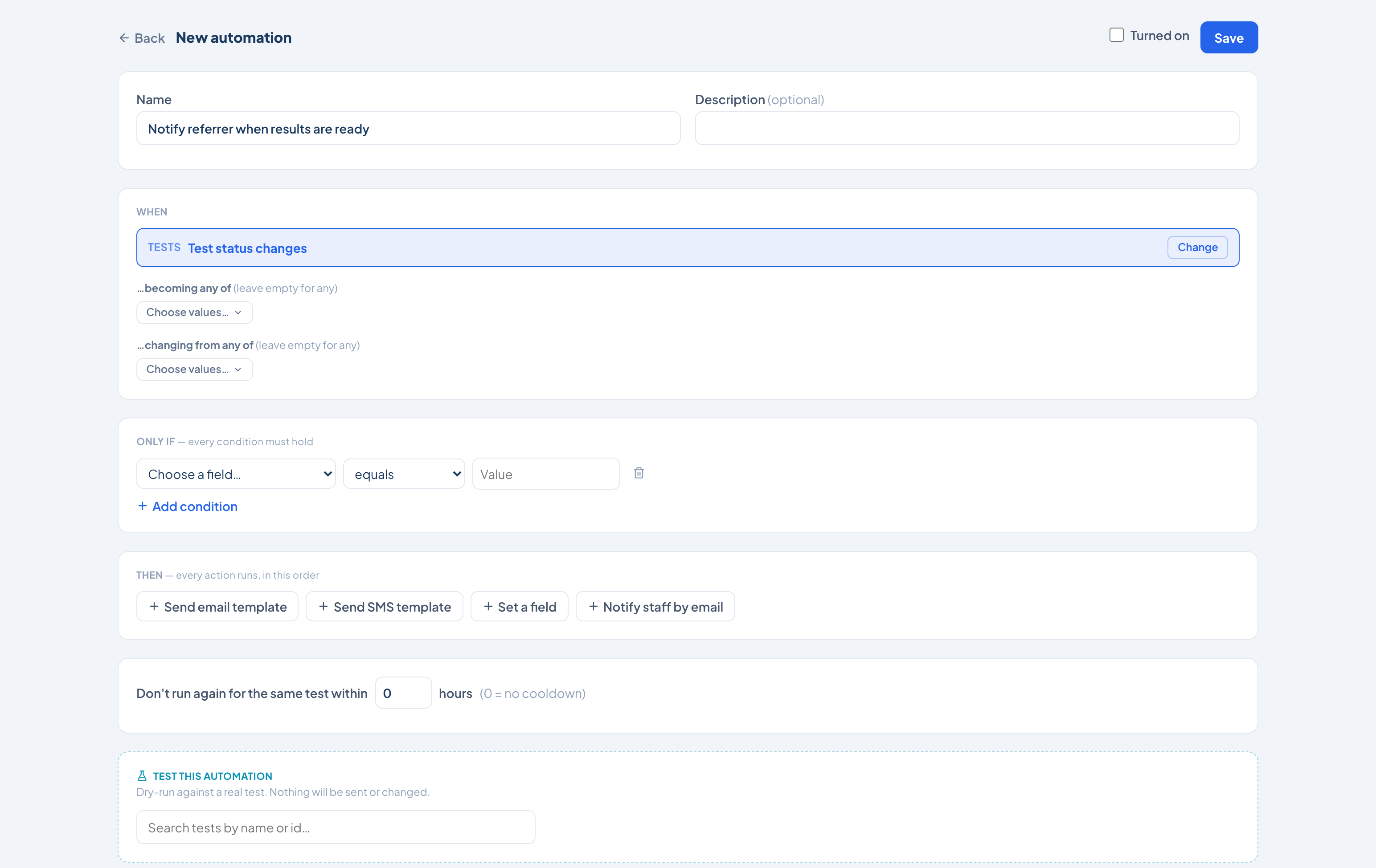 The MedOS automation builder — WHEN, ONLY IF and THEN, with a cooldown and a dry-run tester